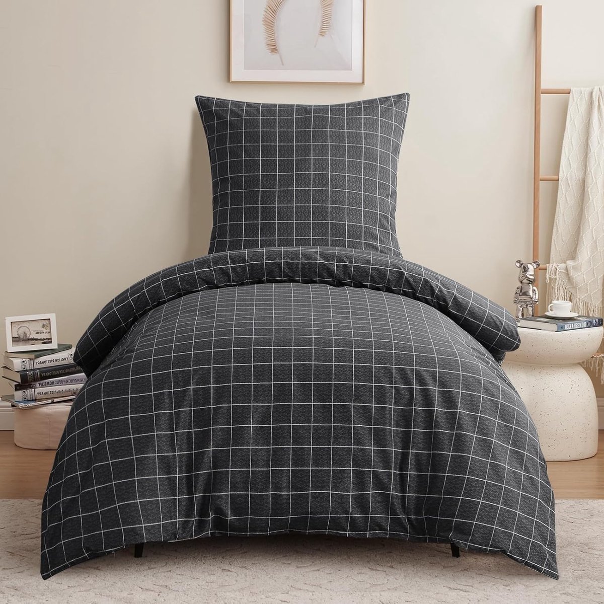 Beddengoed 155 x 220 cm, 2-delig antraciet - dekbedovertrekken 155 x 220 cm met rasterpatroon, beddengoedset 155 x 220 cm van microvezel met ritssluiting, zacht en strijkvrij