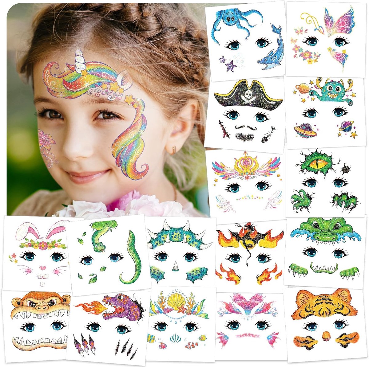 24 vellen gezichtstattoo carnaval voor kinderen, glitter carnaval make-up tattoo kinderen, vlinder eenhoorn, kindertatoeages, gezichtsstickers, cadeaus voor kinderverjaardag