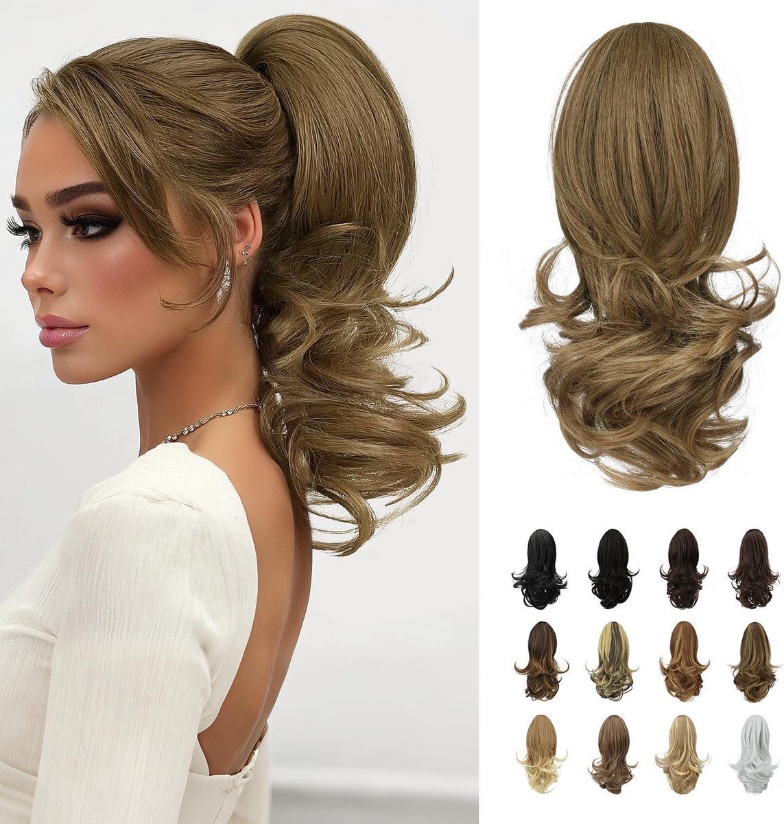 Paardenstaart Extensions met Klauw Clip, 33 cm Lang Krullend Haarextensies Paardenstaarten Clip in Haarstukken Synthetische Haarstukje Haarverlenging voor Vrouwen, Goudbruin tot Asbruin