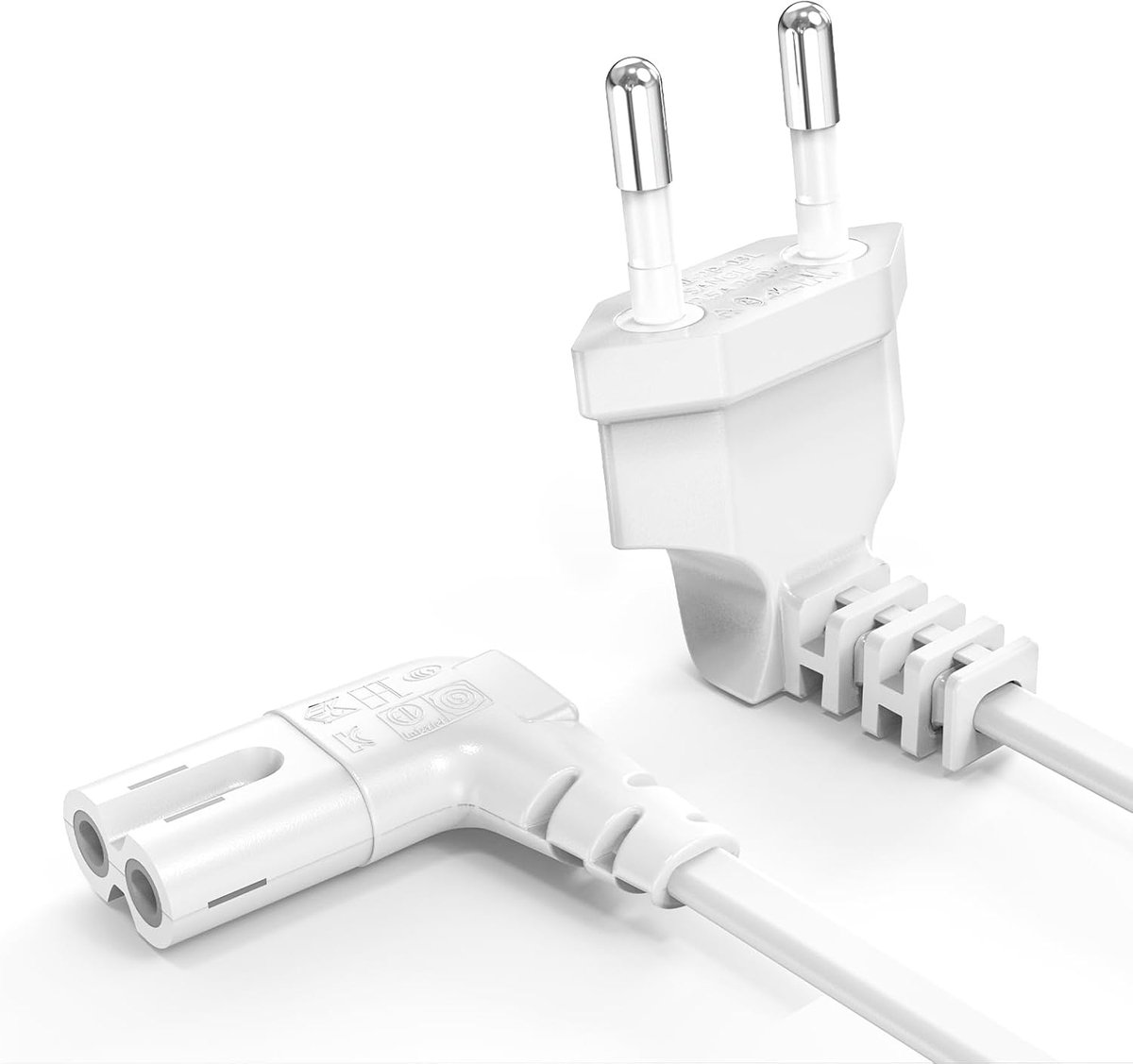 2M netsnoer stroomkabel 2-polig, C7 kabel Eurostekker stroomkabel 90° Euro netsnoer voor Samsung televisie LG Philips Sony Panasonic TV PS5 PS4 Xbox PC kleinapparaten - Wit