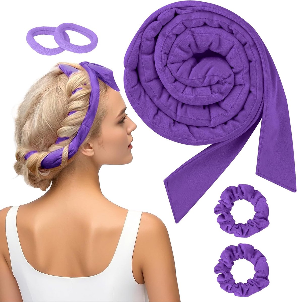 5 stuks hittevrije krullen, fluweel, hittevrije krulband, haarkruller, overnight, krulspelden 's nachts, doe-het-zelf haarkrullers, rollerset, krullen zonder hitte, voor lang haar (donkerpaars)