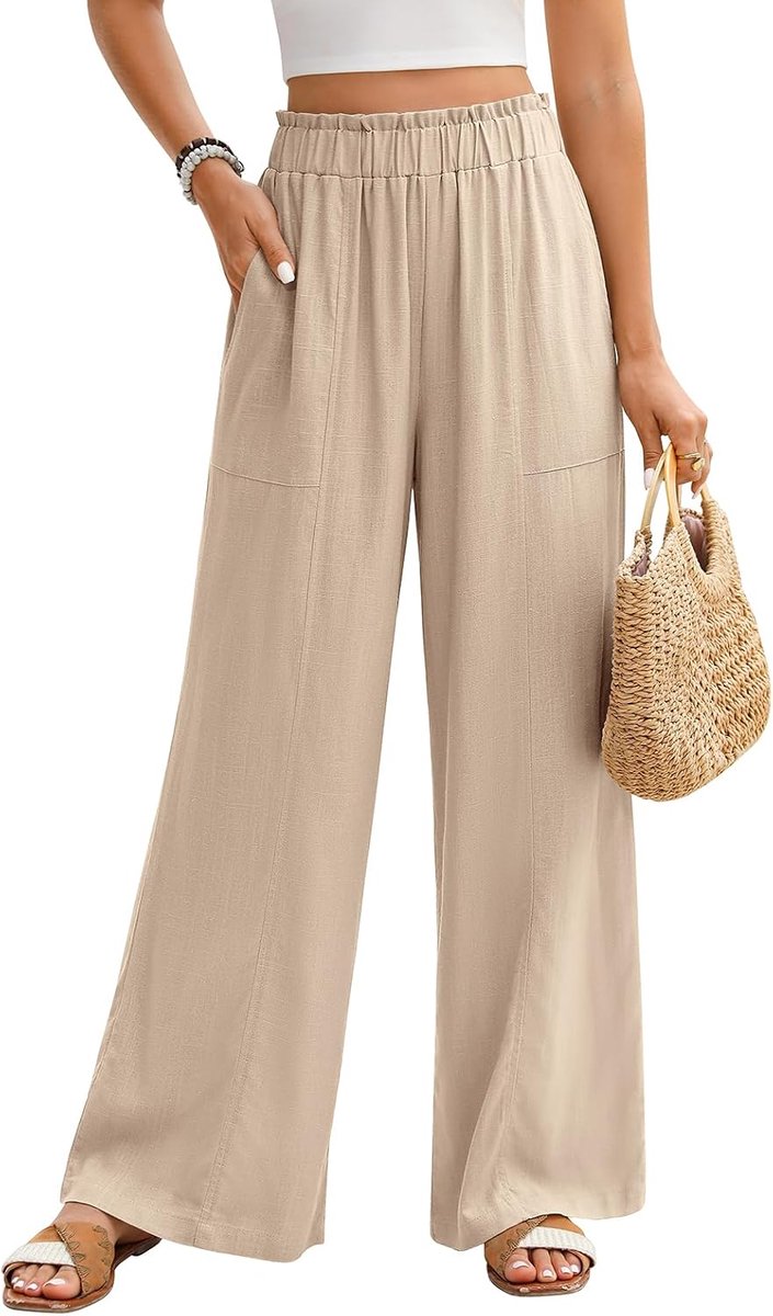 broek voor dames, zomerbroek, licht, brede pijpen, elastische taille, rekbaar, elegante zomerbroek, losse pasvorm, luchtige strandbroek, vrijetijdsbroek met zakken