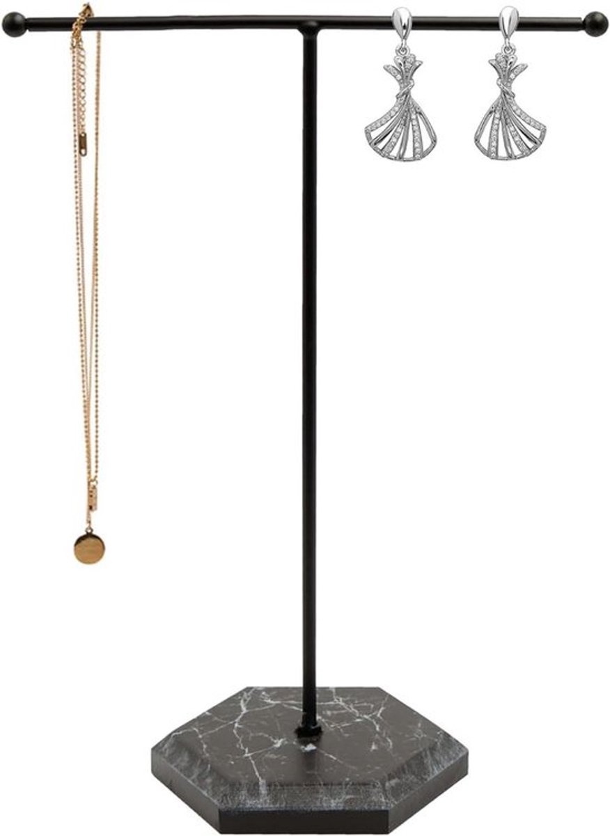 Sieradenstandaard voor Kettingen, Armbanden, Oorbellen en Ringen van Metaal met Marmeren Voet, Zwart Design