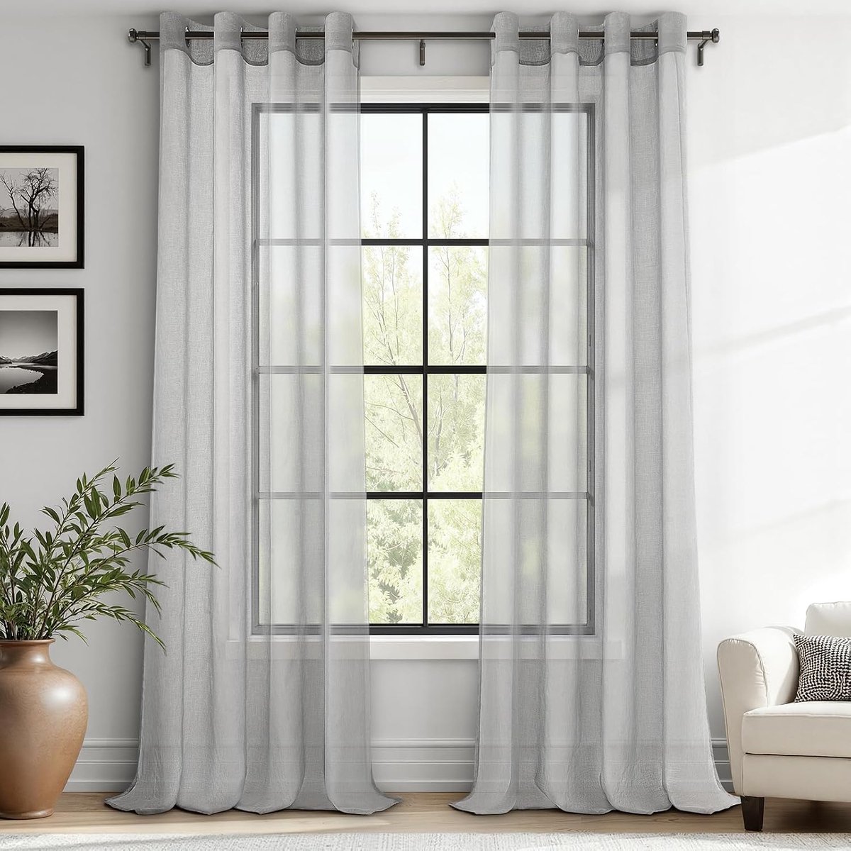 Transparant voilegordijn, 260 cm lang, 2 panelen, linnenlook, met zeilringen, voor slaapkamer, woonkamer, terrasdeur, 140 x 260 cm, grijs