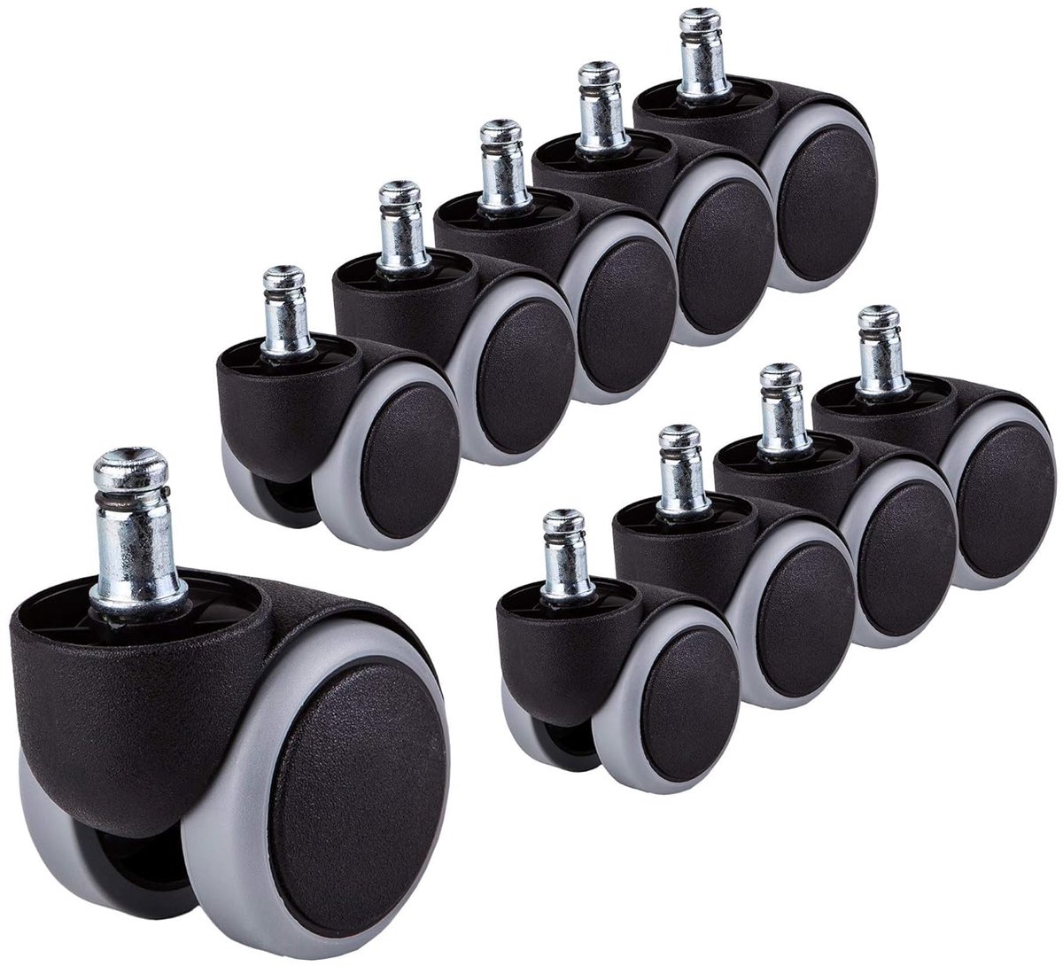 (Pack van 10) 50 mm rubberen stoel wielen bureaustoel wielen vervangende wielen dubbele wielen draaibare wielen universele stengels voor vervangende wielen zonder krassen korte steel (10, Ø 11 mm)
