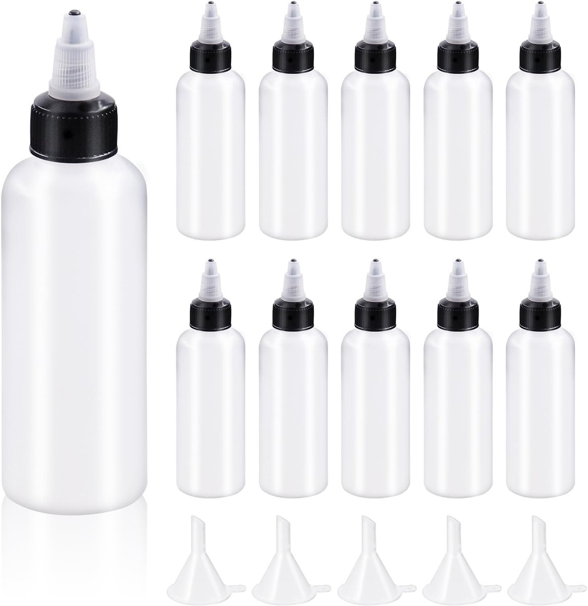 15 stuks doorzichtige doseerflessen met kleine trechterset, 4 oz Boston LDPE plastic fles, 100 ml lege knijpdrupperflessen met draaidop kit voor inkten, oliën en vloeistoffen, plastic