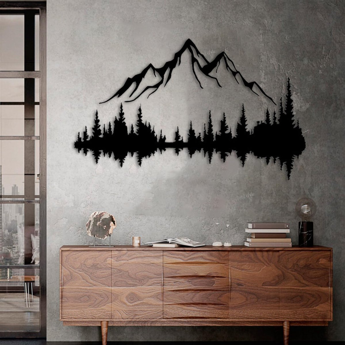 muurkunst, berg en bos, metalen wanddecoratie, grote wandsculptuur voor rustiek huis, binnen en buiten, moderne decoratie, foto's voor thuis, kantoor, woonkamer (berg 2, medium, zwart/zwart)