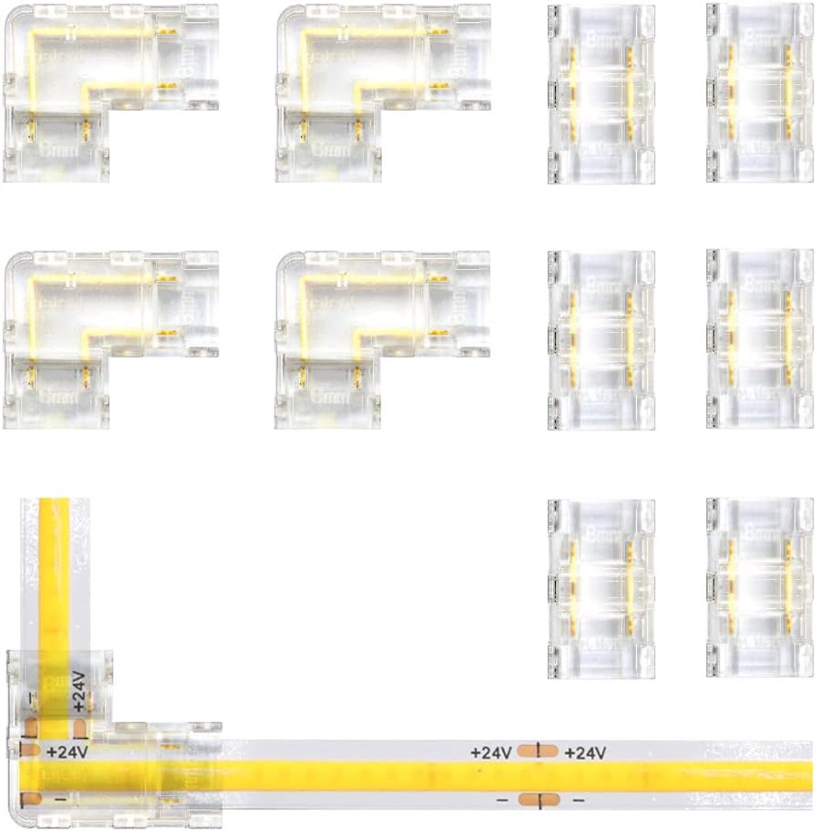COB LED strip connector set 12V 24V voor 8mm breedte COB LED 2Pin, 6 stuks transparante midden connectoren, 4 stuks L vorm voor LED strips