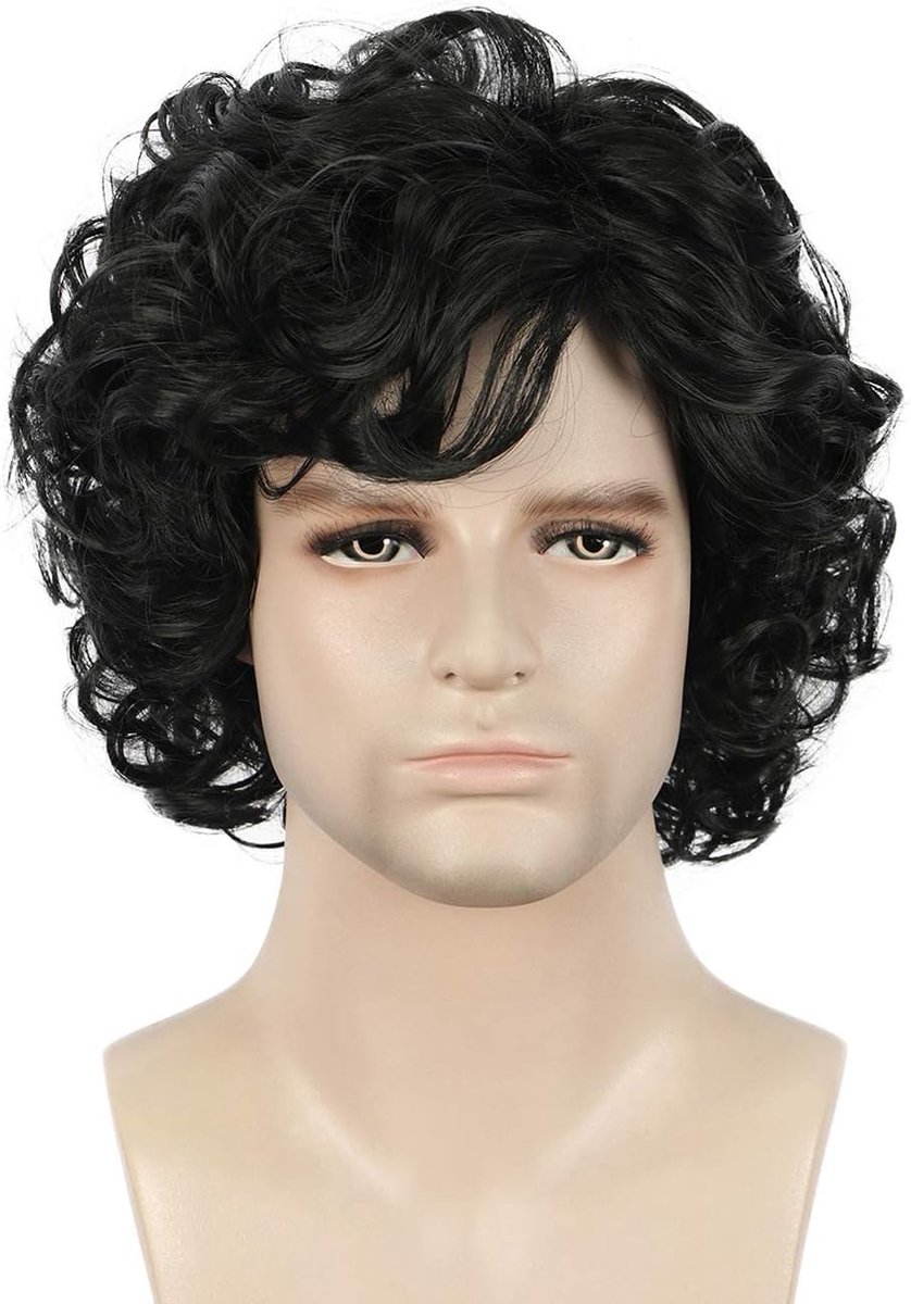Mannen Korte Krullend Zwart Natuurlijke Pruik Film Rol Cosplay Pruik | Hittebestendige Synthetische Vezels Zacht Duurzaam Ademend Haar voor Cosplay Party (Zwart)