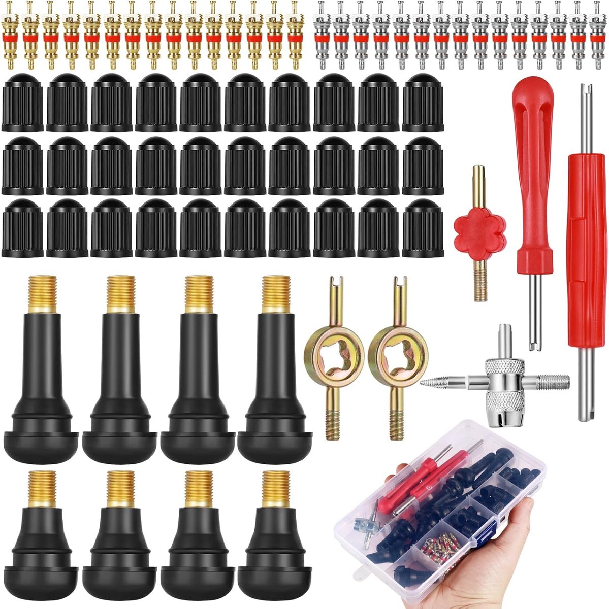74Pcs Ventielverwijderaar Set, Ventiel Kern Reparatie Gereedschap, Ventielsleutel met Opbergdoos 30Stks Doppen 30Stks Ventiel Inzetstukken, Ventiel Kern Schroevendraaier voor Motorfiets