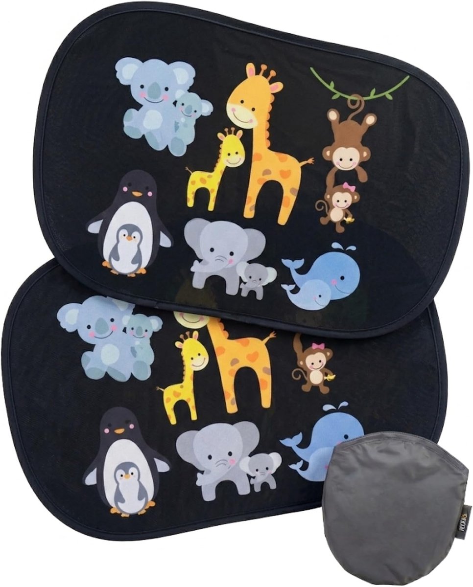 2x auto zonneklep met 8 zuignappen - baby dieren met mama - 48x31cm - auto zijruit zonneklep zijruit - met zak - voor baby kinderen meisjes jongens