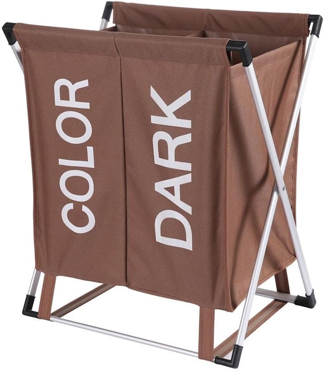 2 Vakken voor Donkere & Gekleurde was - 60 Liter - Opvouwbaar frame -Wasmand 2 Vakken - Badkamer Wassorteerder met 2 vakken - Waszak om was te sorteren op kleur - Wasmand met 2 vakken