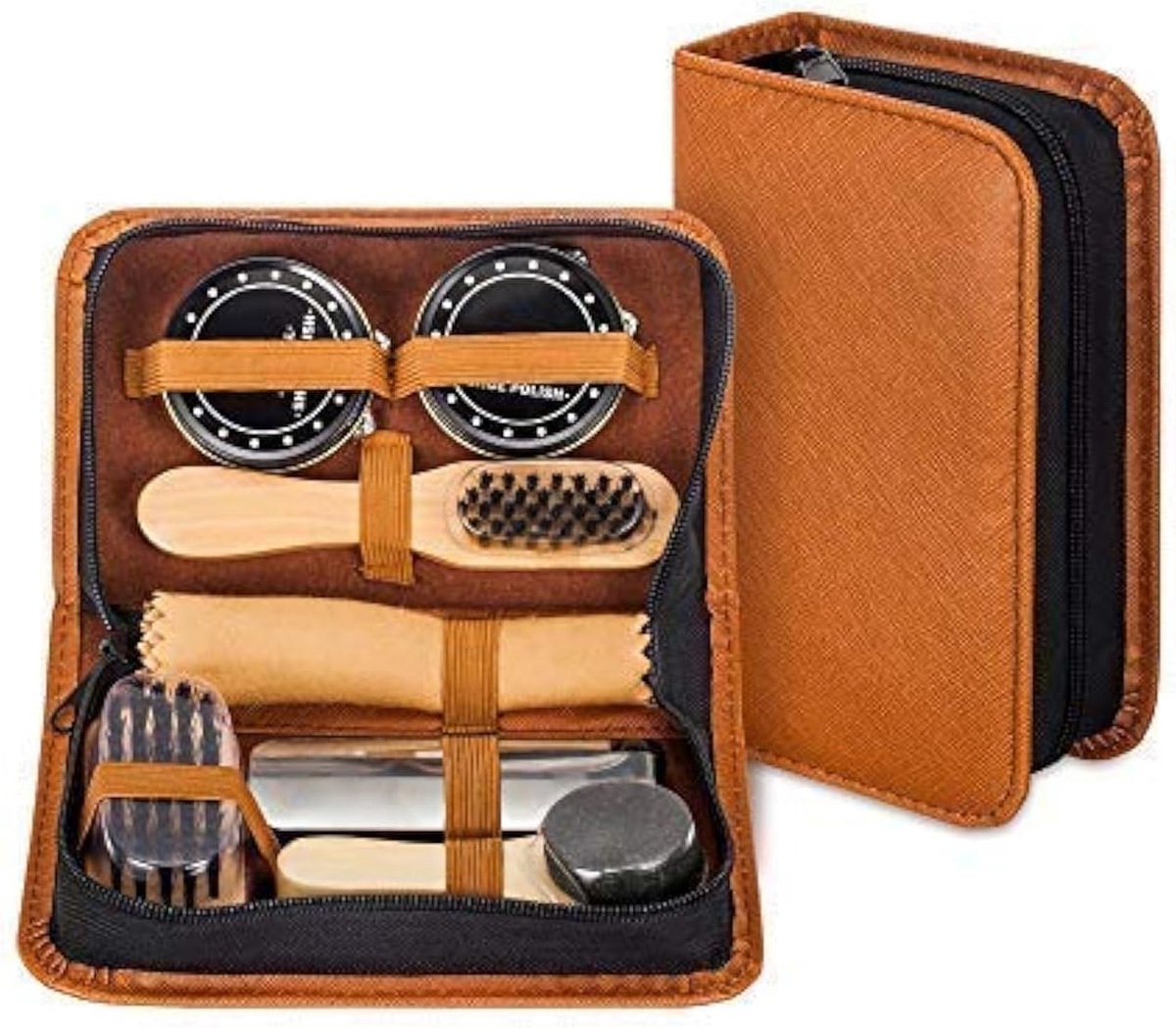 Schoenpoetsset met PU lederen slanke elegante koffer, reisschoen glans borstel kit, Geel, Medium