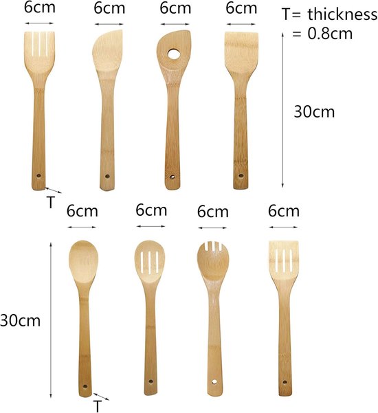 Set van 8 keukengerei van bamboe, houten lepels en spatels, anti-aanbaklaag en wok, spatel, schep, hittebestendige keukengerei, gereedschap, lepel, spatel — afbeelding 4