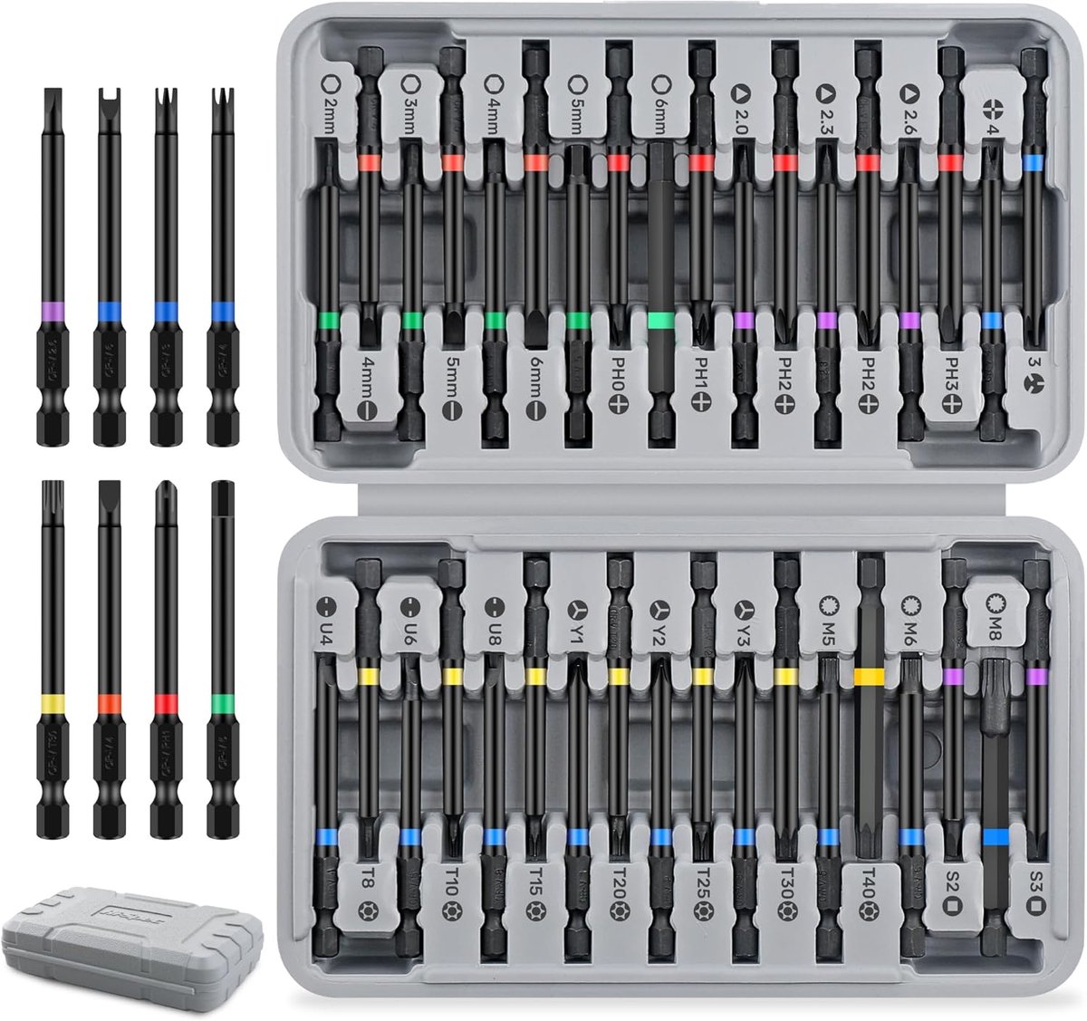 Schroevendraaier Bitset 75mm voor Schroeven, Montage en Reparaties | 36 stuks, 75 mm Torx, vierkant, XZN en driehoek, Cr-V 6150 staal, zeskantschacht voor boormachine, compacte opbergdoos