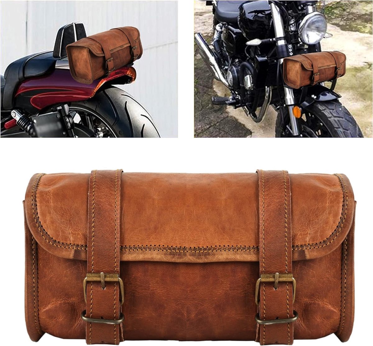 blauwe leren stuurtas, bruine zadel- en motortas, fietsgereedschapstas, lederen reis-accessoiretas (lichtbruin)