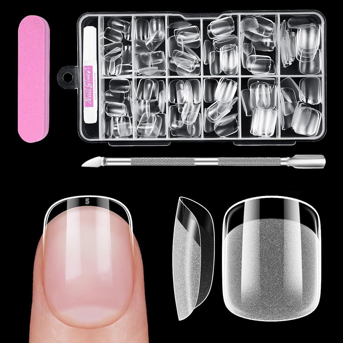 Nagel Tips, Venares 120 Stuks Kort Nageltips met Lijm Nagelbuffer Nagelriemduwer, Full Cover Kunstnagels Pre-Buff Nail Tips voor Starterspakket Vierkant Kort-XXS