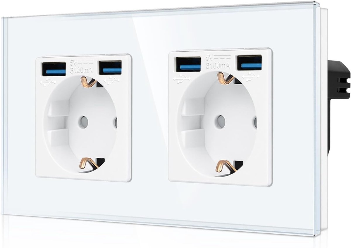 Dubbel Schuko-stopcontact met glazen frame, tweevoudig inbouw-stopcontact met kinderbeveiliging, wandcontactdoos met 4 USB-poorten (2 x type A totaal max. 2,1 ampère), grijze wandcontactdoos