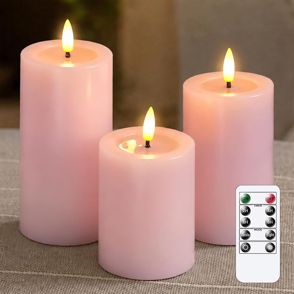 Afstandsbediening Vlamloze Flikkerende Pijlerkaarsen met Kaarsveteffect, Verpakking van 3 Roze LED Batterij-aangedreven 2/4/6/8 Uur Timer Echte Was Elektrische Kaarsen (3 x 4, 5, 6 inch)