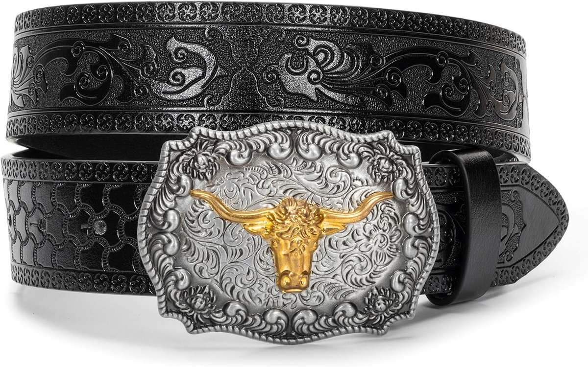 Western-leren riem met cowboy-gesp voor heren en dames, jeans, gegraveerde bloemetjes, longhorn Bull Texas gesp (84-104 cm taille)