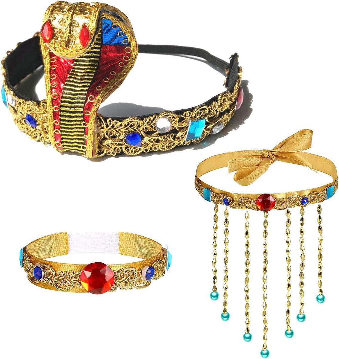 3 stuks Halloween Egyptische hoofddeksel kostuum accessoires, Egyptische cobra hoofddeksel slang kralen, kralen kwast ketting, Halloween kostuums vintage party decoratie (3 stuks)