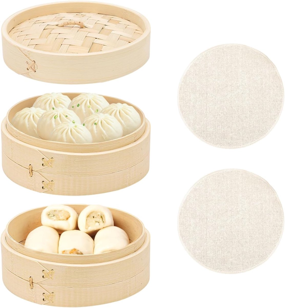 stoompan, Aziatische stoommand met 2 etages, voor knoedels, rijst, dim sum, groenten, vlees, met deksel en 2 bamboe stoommanden, 20 cm (L)
