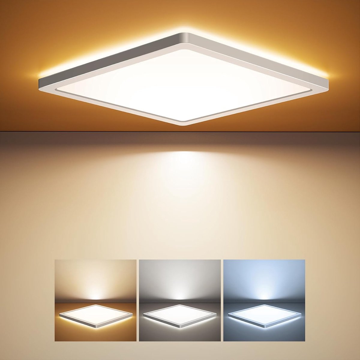 LED Plafondlamp 24W Vlak, Warm Neutraal Koud Wit 3000K/4000K/5000K, 2400LM Paneel met Achtergrondverlichting voor Slaapkamer, Woonkamer, Keuken, Hal, Badkamer, Kelder, Ultradunne 30CM