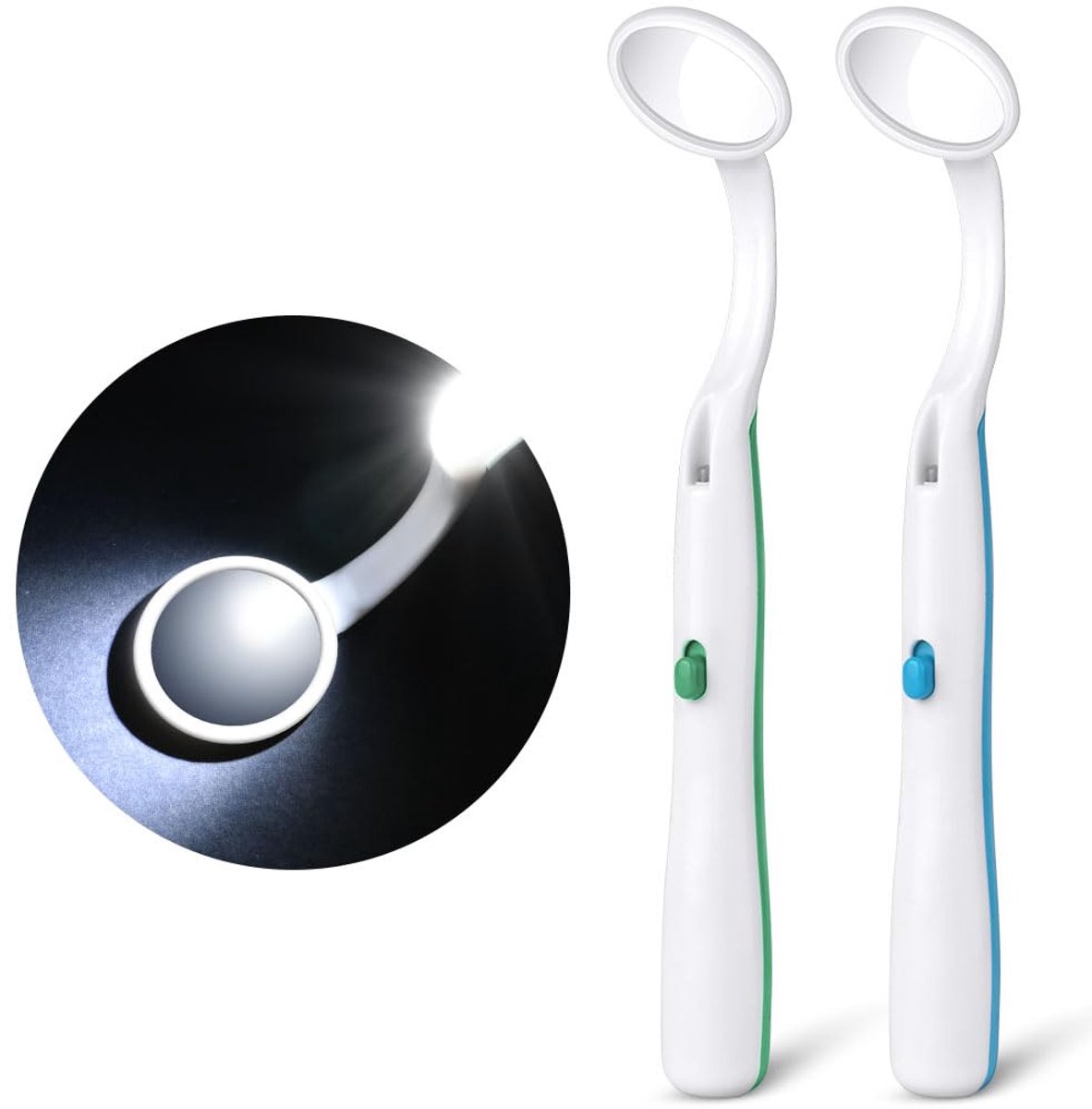 Tandspiegel met ledlicht, 2 stuks, tandinspectiespiegel, mondspiegel, anti-condensspiegel, mondspiegel, mondspiegel, tandverzorgingsspiegel, mondspiegel, blauw en groen