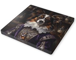 Canvas schilderij Papillon hond Canis lupus familiaris Edelman in paars renaissance kostuum met elixer halsketting Vintage adellijk portret Sfeervolle wanddecoratie voor dierliefhebber 30x30 cm