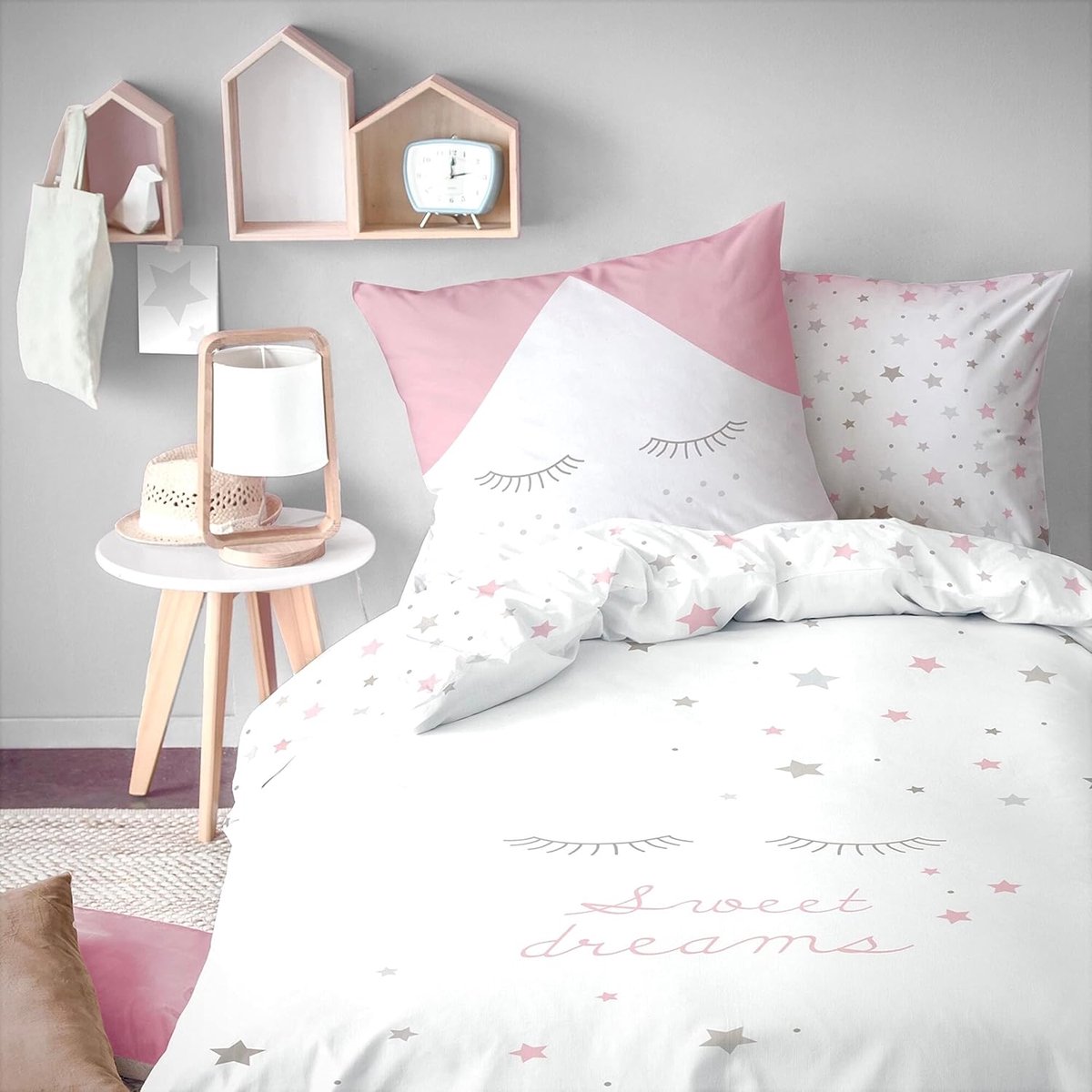Beddengoedset met sterren, flanel, 135 x 200 cm, knuffelig en warm, kinderbeddengoed voor meisjes en jongens, kussensloop 80 x 80 cm + dekbedovertrek 135 x 200 cm, 100% katoen, winterbeddengoed (sterren 01)