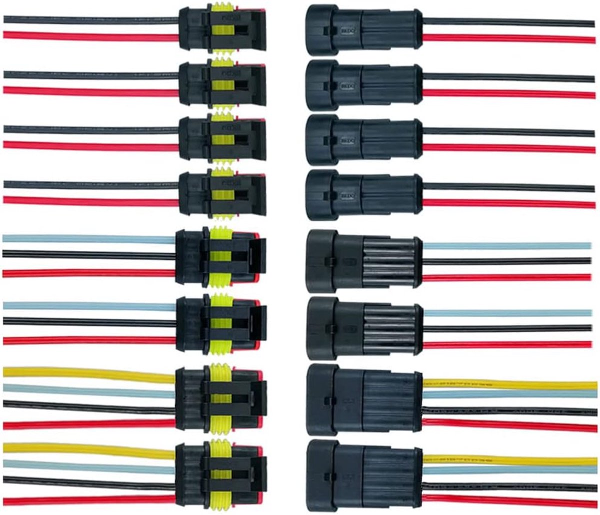 8 Set Waterdichte Auto Elektrische Connectoren, Verzegelde Waterdichte Elektrische Connector Stekke Socket Kit met 16 AWG Voorbedraad, voor Auto Vrachtwagen Boot (2 Pin/3 Pin/4 Pin)