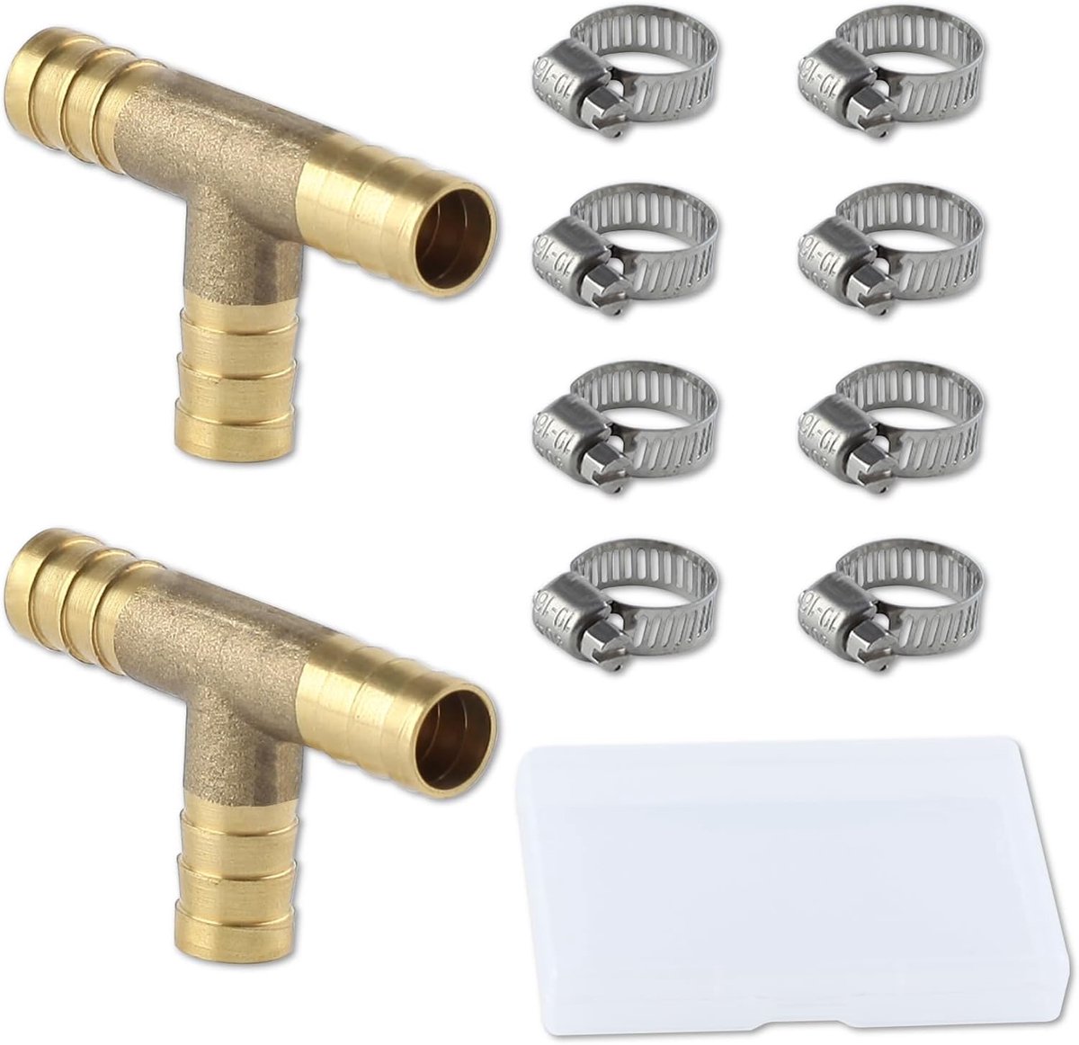 2 stuks messing weerhaak T-fitting 1/2"(12mm) ID slang pijp fitting T-vormig met 6 stuks roestvrijstalen buisklemmen, 3-weg slang weerhaak reducer voor water brandstof gas lucht olie