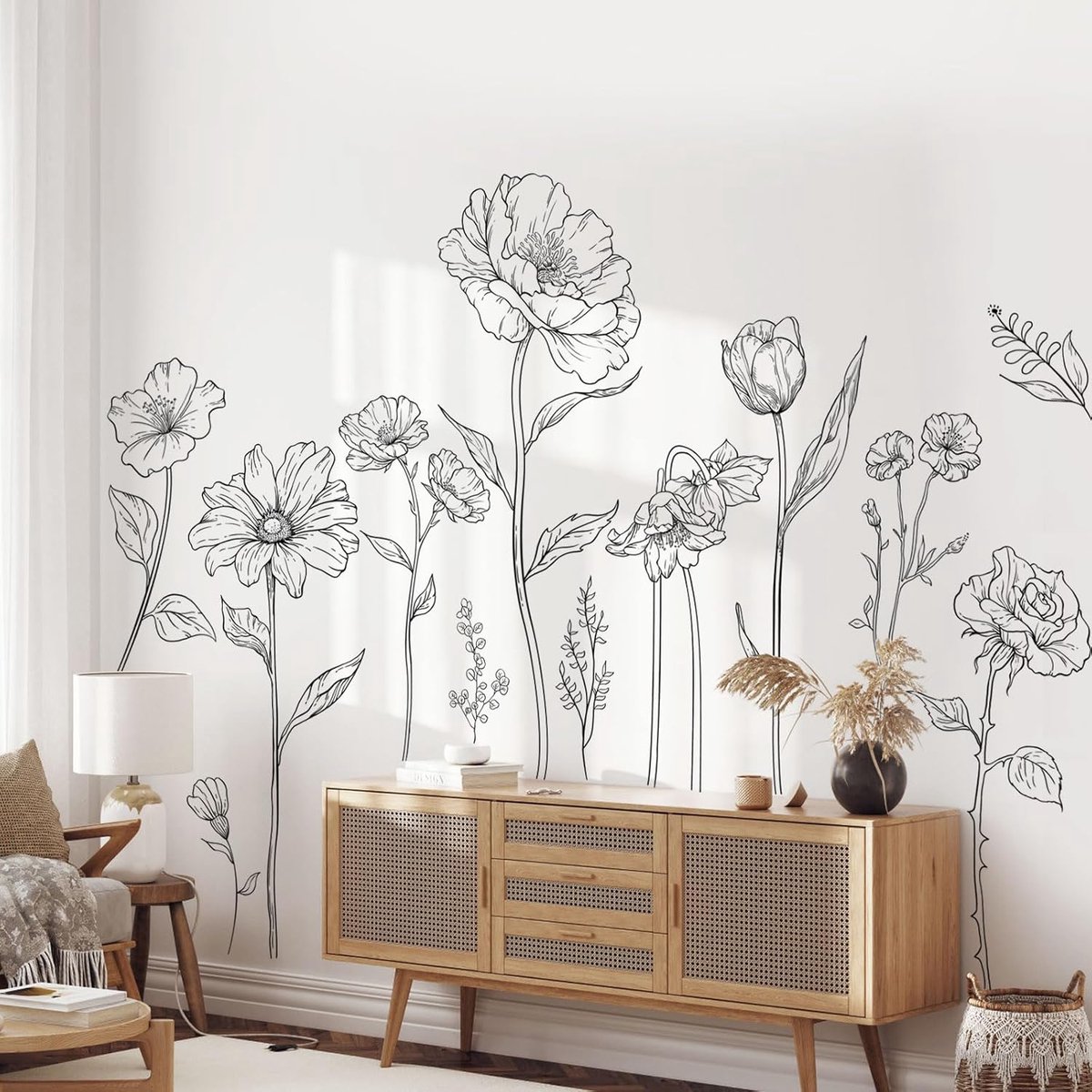 Muursticker Grote Zwarte Bloem Muursticker Eenvoudige minimalistische Tuinbloem Muurstickers voor Woonkamer Slaapkamer Sofa TV Achtergrond Muurdecoratie