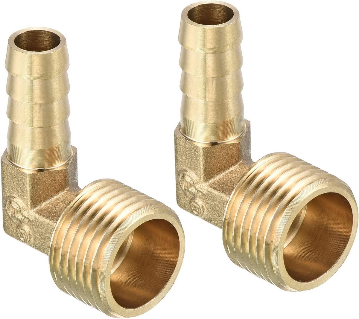 10 mm weerhaak tot 1/2 inch PT buitendraaibuis x 2 stuks 90 graden elleboog, messing, stekelslangschroefverbinding voor lucht, water, brandstof, pneumatische slang, goud