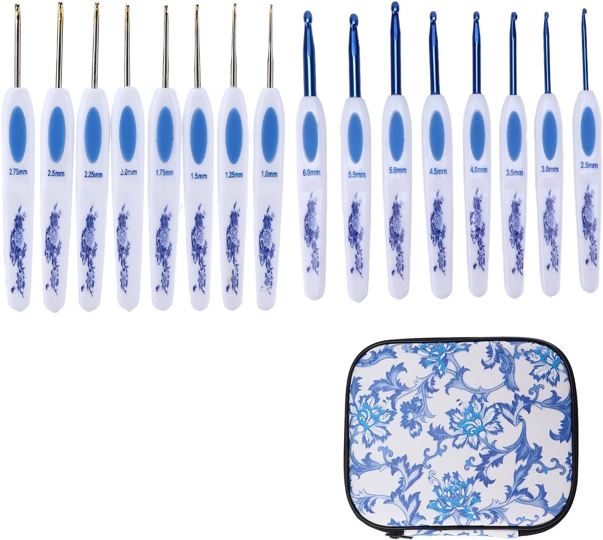 Haaknaalden Naalden voor artritische handen, 16-delige set Extra lange haaknaaldenset in Chinese stijl Ergonomische zachte handvatten Breihaak voor haakgaren(blauw)