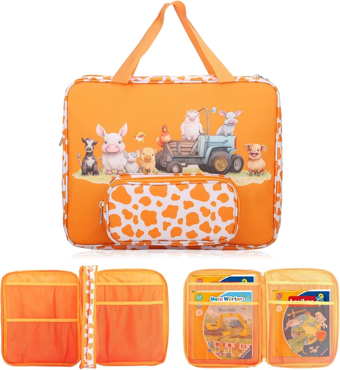 dubbele tas, oranje, met pen, kabels, accessoires, 5-10 startersets, beschermhoes, kindertablet en Edurino-figuren