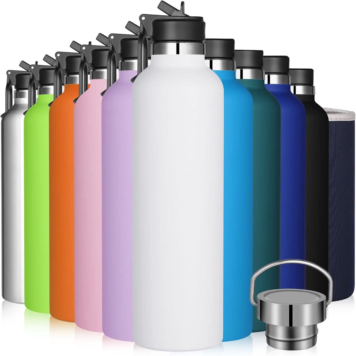 Roestvrijstalen waterfles 1000 liter mat metalen fles+tas+rietjesdop dubbele voering vacuüm geïsoleerde 1L waterfles houdt 18H warm/24 koude thermische fles voor kamperen, school, sport wit