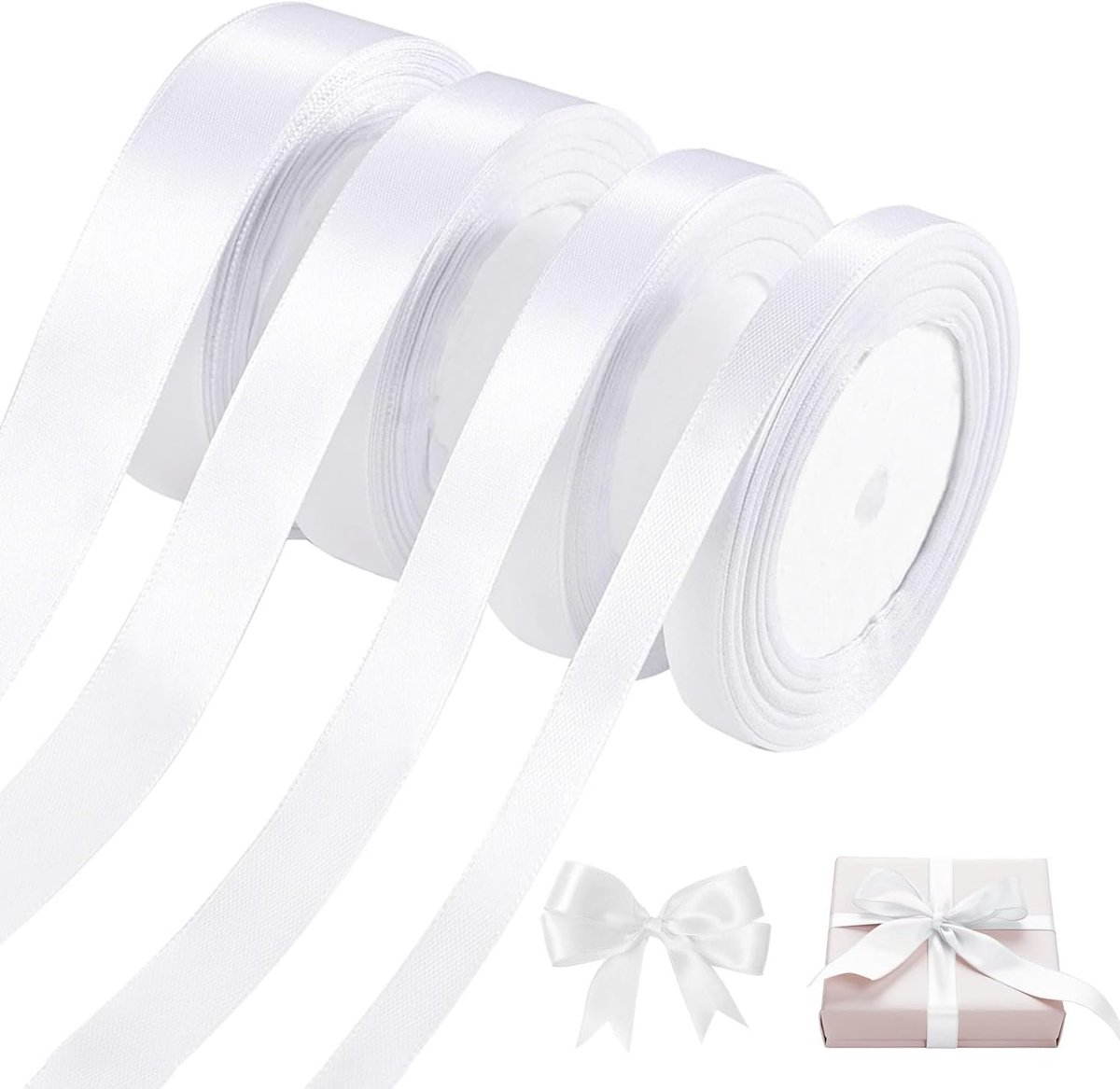 lint wit, 8 stuks satijnen lint wit, breed cadeaulint, 6/10/15/20 mm lint wit, voor bruiloft, feest, cadeaulint, bruiloftsdecoratie (22 m per rol)
