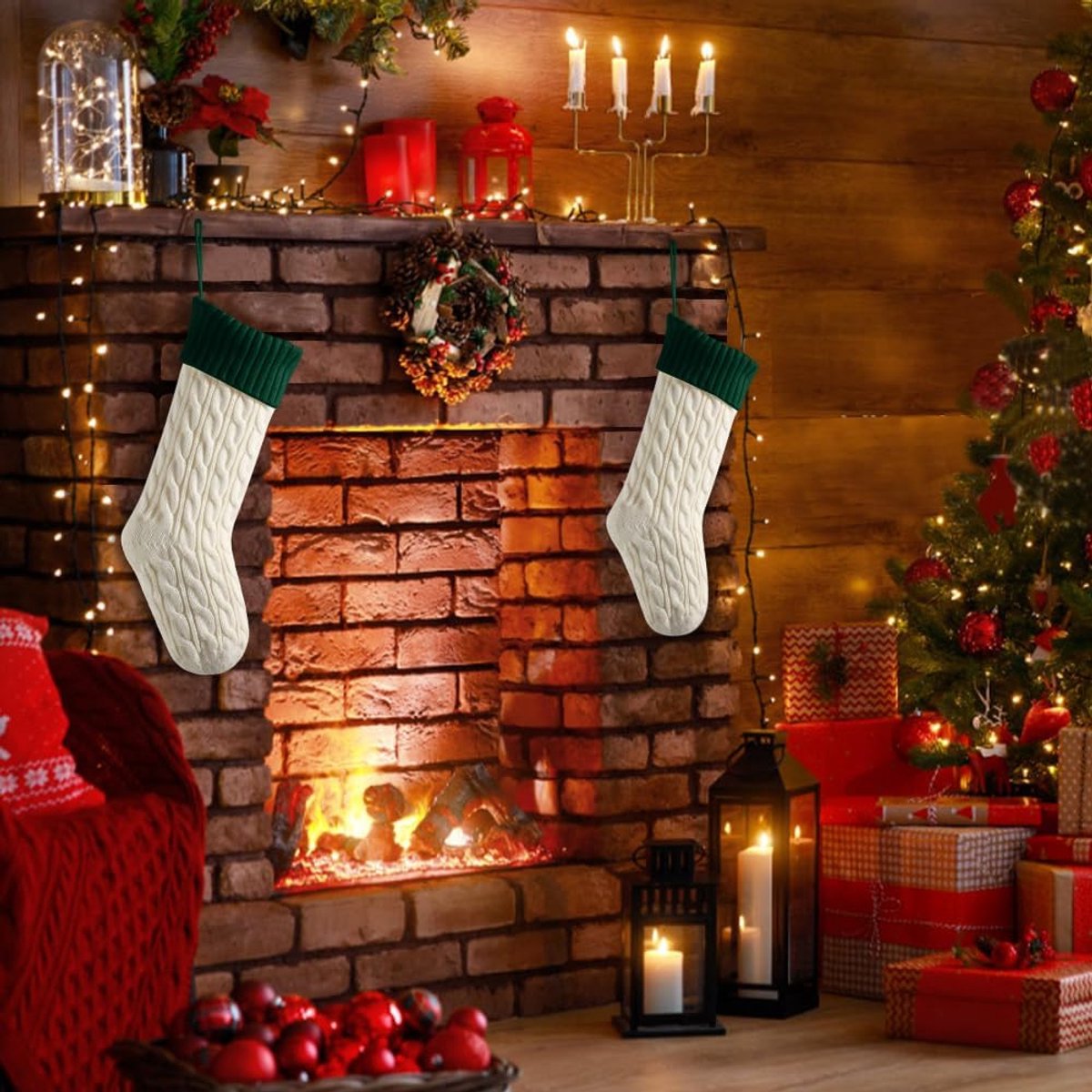 Kousen, grote maat kabel gebreide kerstkous voor kinderen, open haard hangende kousen voor familie vakantie feestdecoraties