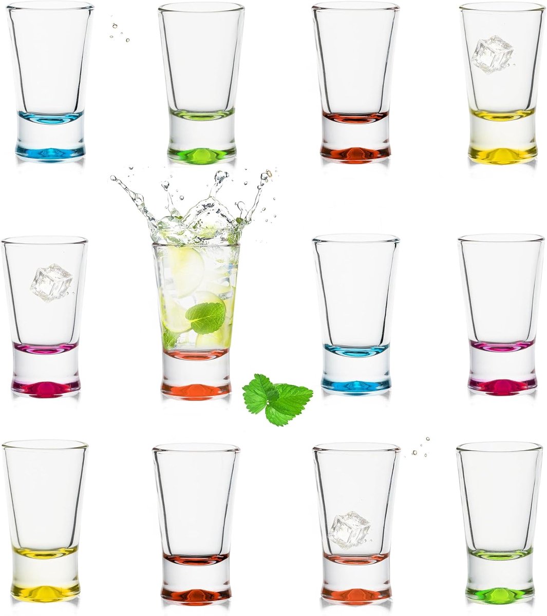 Shotglazen, set van 12 stuks, kleurrijke borrelglazen, 2,5 cl, tequilagglazen, wodkaglazen, prikje, van glas