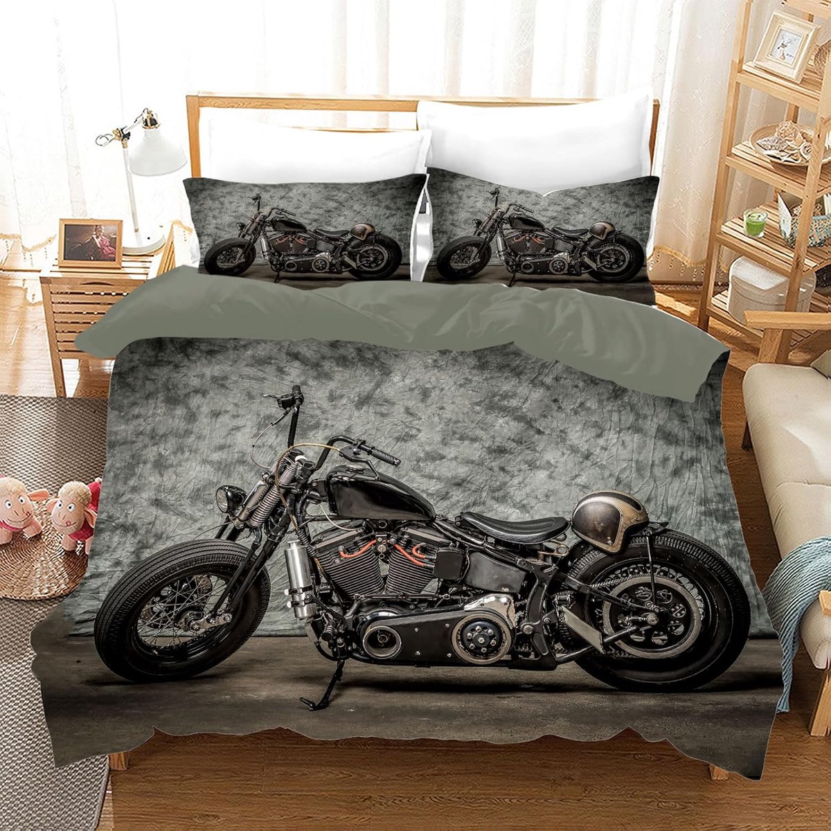 Dekbedovertrek motorfiets 200 x 200 cm, 3D-beddengoedset met thema motorfiets, met 2 kussenslopen 50 x 75 cm, voor volwassenen en jongeren, lass (motorcross-A, 200 x 200 cm)