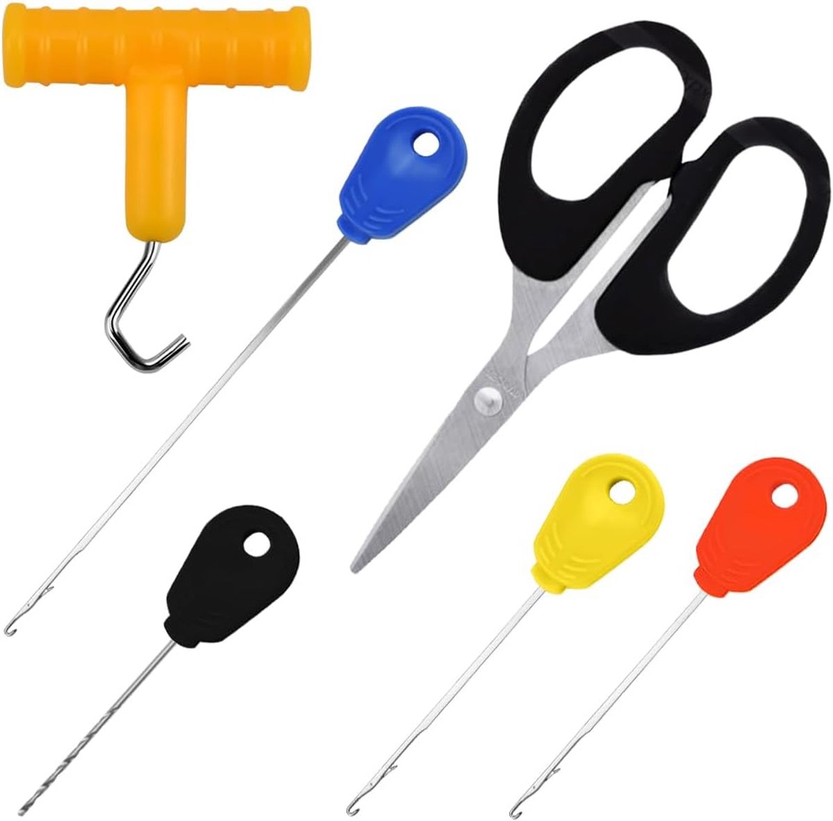 6 stuks vissen karperaccessoires, boilie naalden set met snoerschaar, pelletboor, knooptrekker, draagbare visnaalden, aasnaald, boor, gereedschapsset voor karpervissen