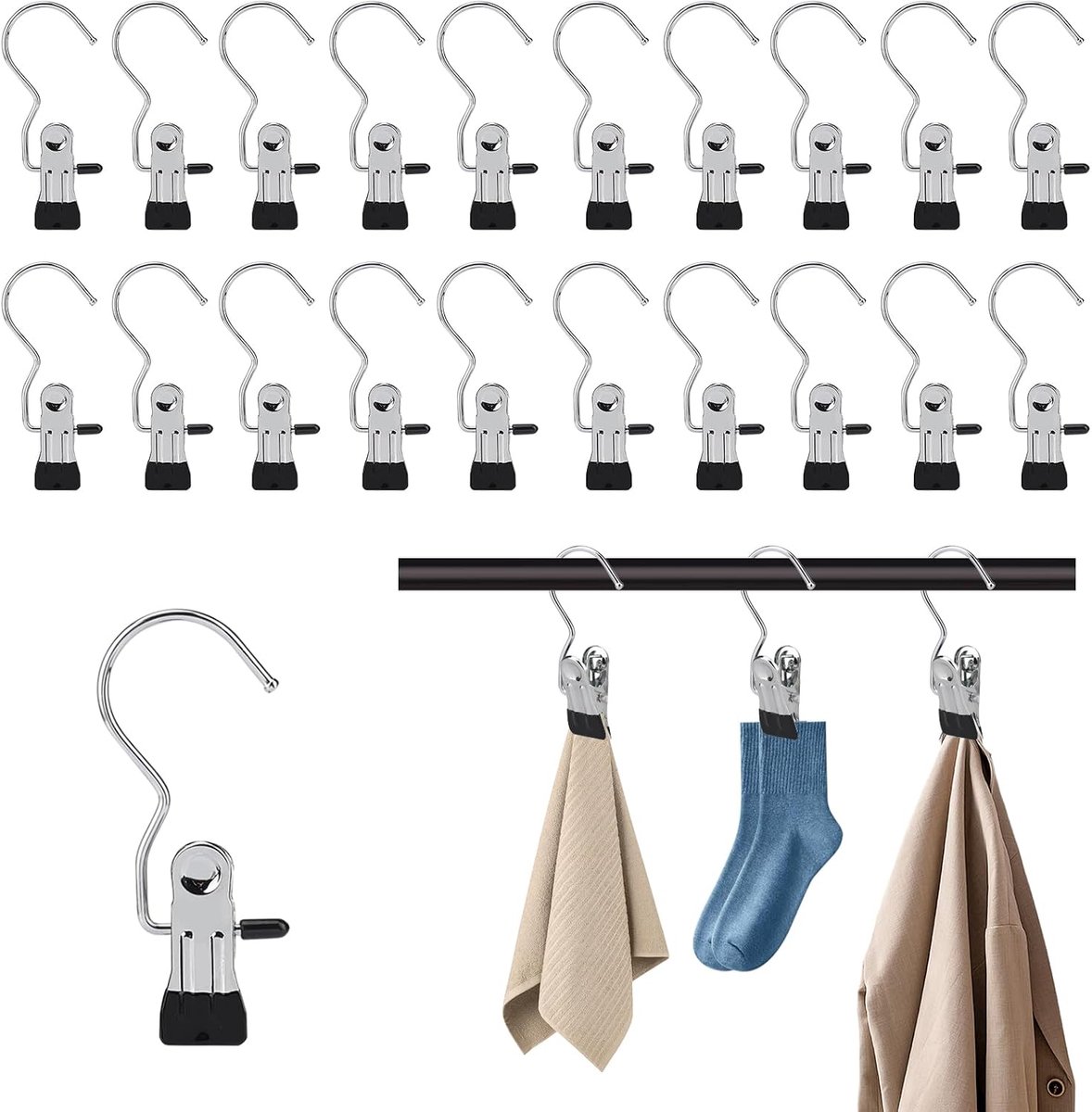 Wasknijpers, broekhangers met clip, schoenenhouders, veelzijdige metalen clips met 360 graden draaiing, geschikt voor kleding, schoenen, broeken, handdoeken