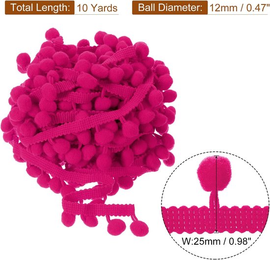 10 yards Pom Pom Bal Fringe Trim, Lint Naaien Accessoire DIY Crafts voor Home Gordijnen Kussendecoratie (12 mm, fuchsia) — afbeelding 5