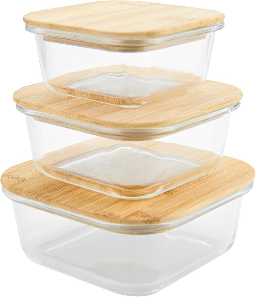 Glazen potten met bamboedeksel, set met 3 glazen potten met deksel, geschikt voor magnetron, vriezer, oven, vaatwasser, 3 stuks