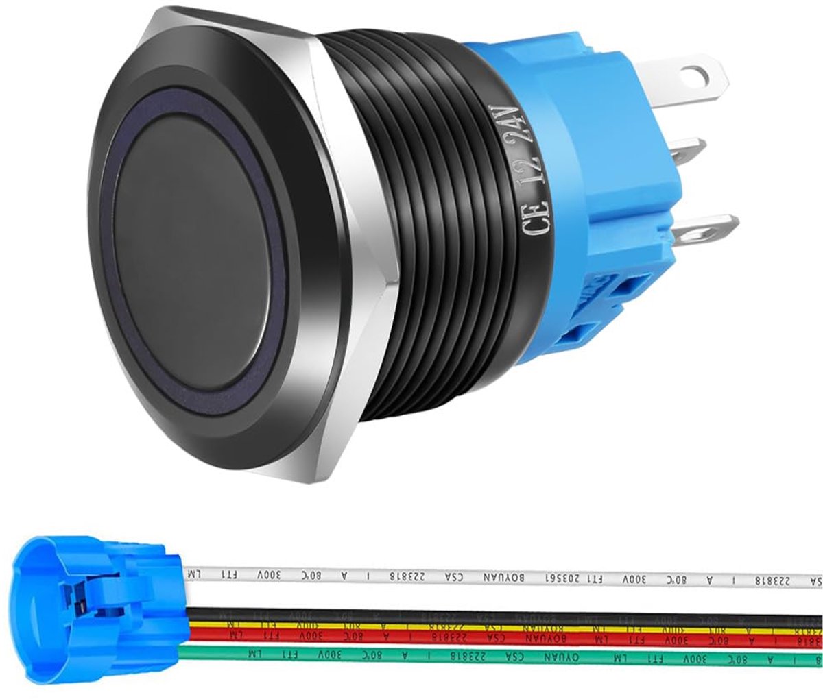 22mm Roestvrijstalen Kortstondige Drukknop 12V-24V LED 1NO1NC SPDT AAN UIT Waterdichte knop met Draadstekker (blauwe LED en zwarte schaal)