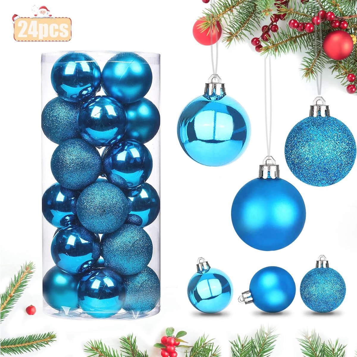 Kerstballen, kerstversiering van kunststof, 24 stuks decoratieve ballen, kerstdecoratie, boomhangers, ornamenten, hangende ballen, kerstboomballen, set (4 cm, blauw)