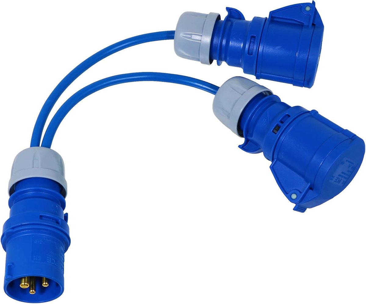 16A splitterkabel 240V caravan camper 2-weg aansluiting Y-stuk 2 x 16 Amp stopcontacten (blauw)