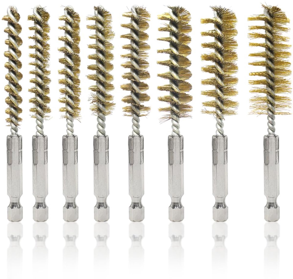 boormachine, 8 maten, cilinderdraadborstels met 1/4 inch zeskantige handgreep, verwarmingsketelborstel voor boormachine, polijsten, slijpen, reiniging, roestvrij staal (goud)