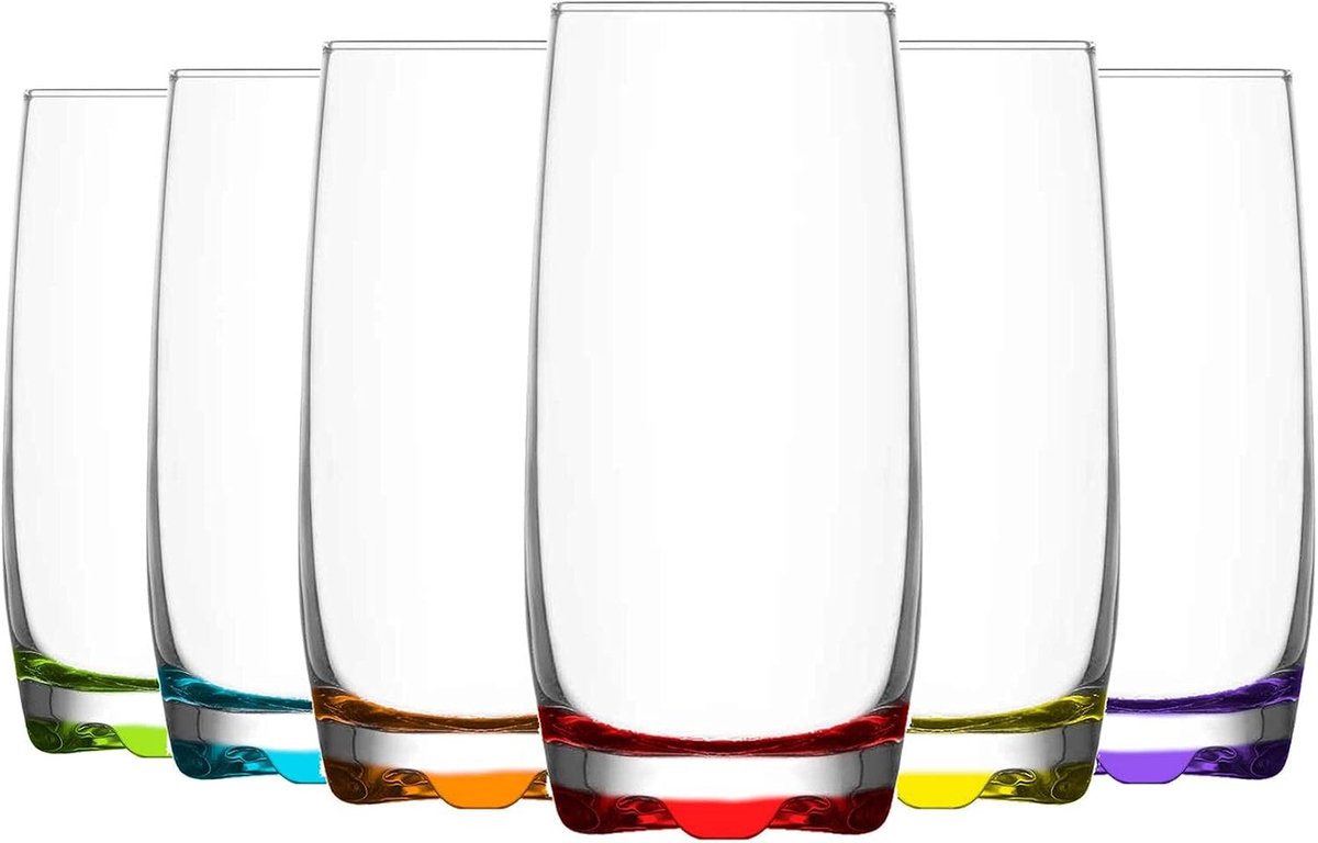 6x Veelkleurige 390ml Adora Highball Glazen - Hoge Hi Ball Glas Water Gin Juice Cocktail Drinken Glaswerk Tumblers Set - Door LAV
